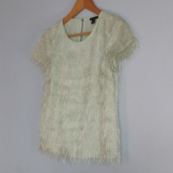 Ann Taylor Light Green Boxy Shinny Embellished Fringe Top Blouse Size 2P - Picture 6 of 14
